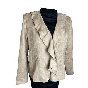 Kim Rogers Faux Suede Blazer Jacket Women’s XL Beige With Ruffle Career Travel